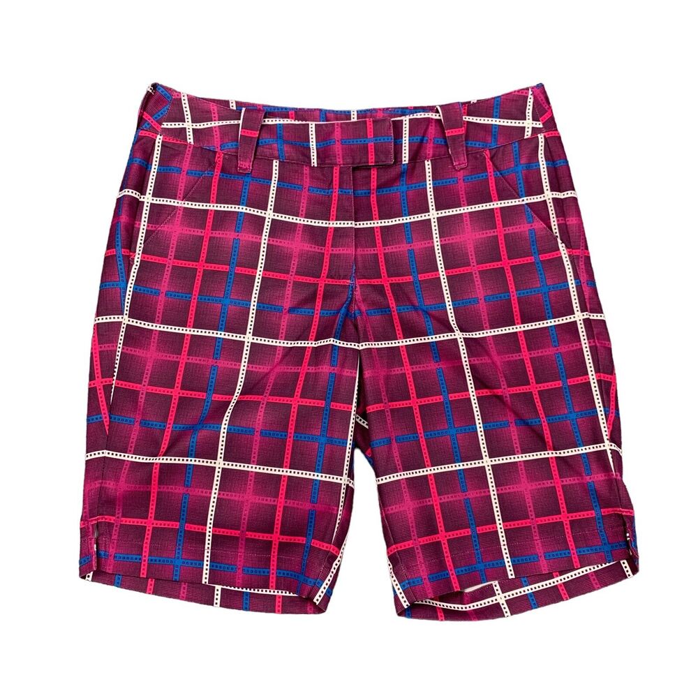 Callaway Opti Dri Golf Short Womens 6 Purple Plaid Flat Front Performance Chino